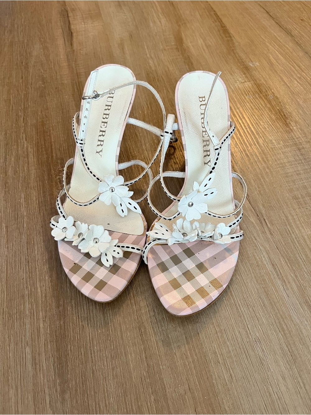 Burberry Pink Plaid Floral Strap Heels size 5 1/2